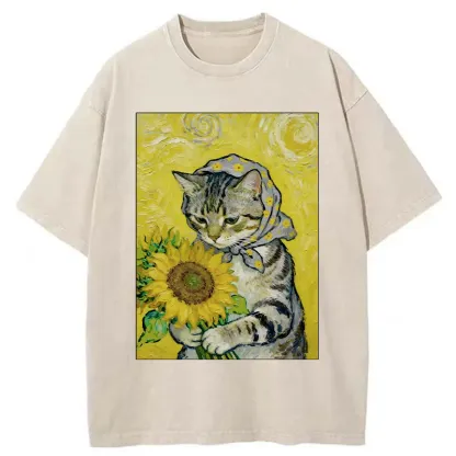 Tokyo-Tiger Cat Is Picking Sunflowers Washed T-Shirt