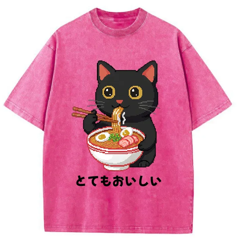 Tokyo-Tiger Black Cat Eats Ramen Pixel Art Style Washed T-Shirt
