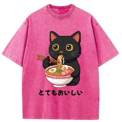 Tokyo-Tiger Black Cat Eats Ramen Pixel Art Style Washed T-Shirt