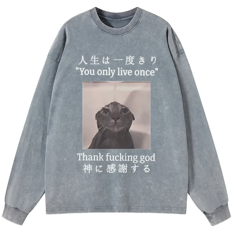 Tokyo-Tiger Funny Melancholy Cat Washed Long Sleeve T-Shirt