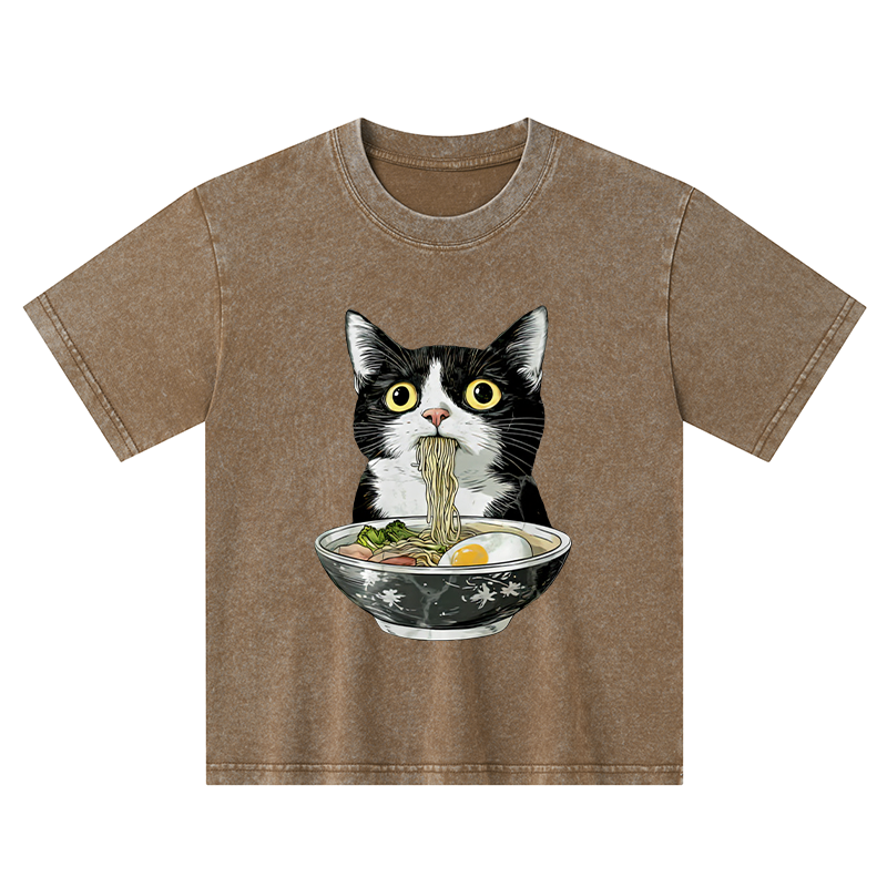Tokyo-Tiger Cute Cat Eating Japan Ramen Kids Washed T-Shirt
