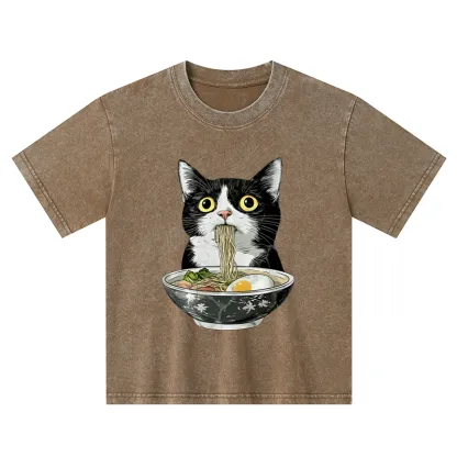 Tokyo-Tiger Cute Cat Eating Japan Ramen Kids Washed T-Shirt