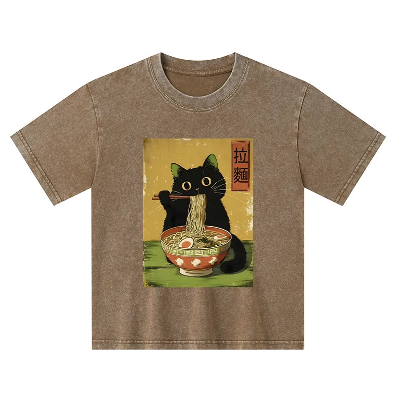 Tokyo-Tiger Vintage Japanese Cat Eating Ramen Kids Washed T-Shirt