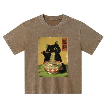 Tokyo-Tiger Vintage Japanese Cat Eating Ramen Kids Washed T-Shirt