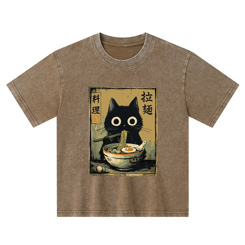 Tokyo-Tiger Cute Black Cat Eating Ramen Japan Kids Washed T-Shirt