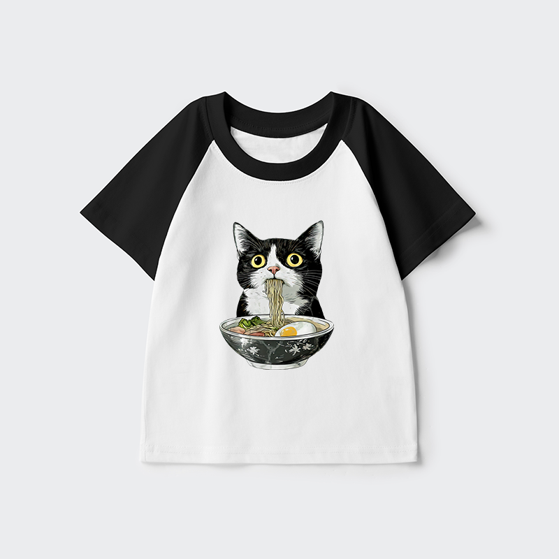 Tokyo-Tiger Cute Cat Eating Japan Ramen Kids Raglan T-shirt