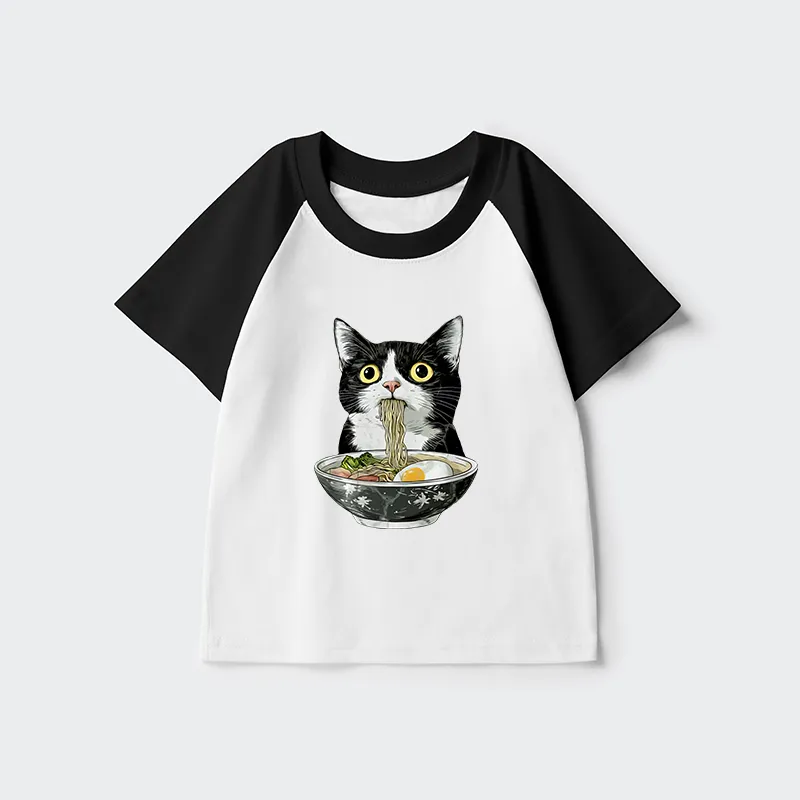 Tokyo-Tiger Cute Cat Eating Japan Ramen Kids Raglan T-shirt