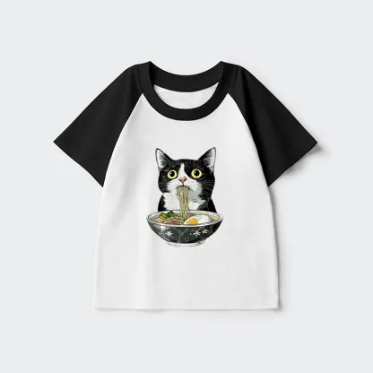 Tokyo-Tiger Cute Cat Eating Japan Ramen Kids Raglan T-shirt