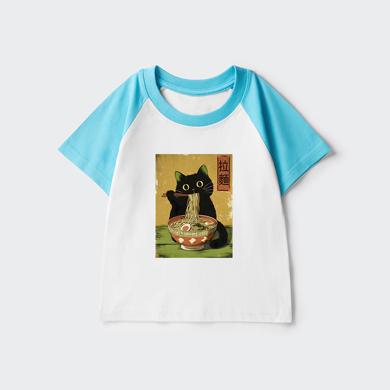 Tokyo-Tiger Vintage Japanese Cat Eating Ramen Kids Raglan T-shirt