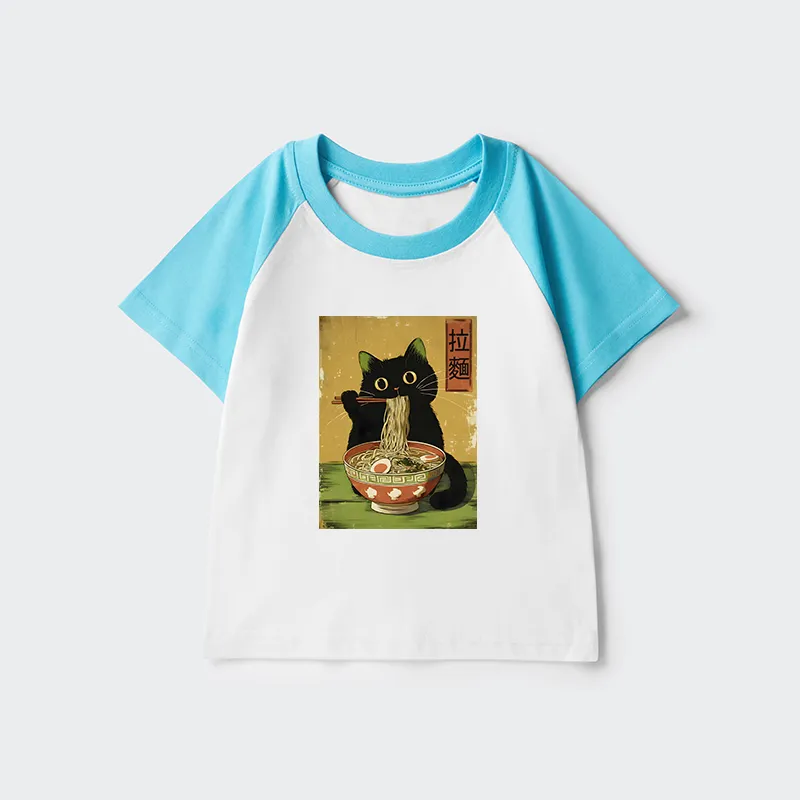 Tokyo-Tiger Vintage Japanese Cat Eating Ramen Kids Raglan T-shirt