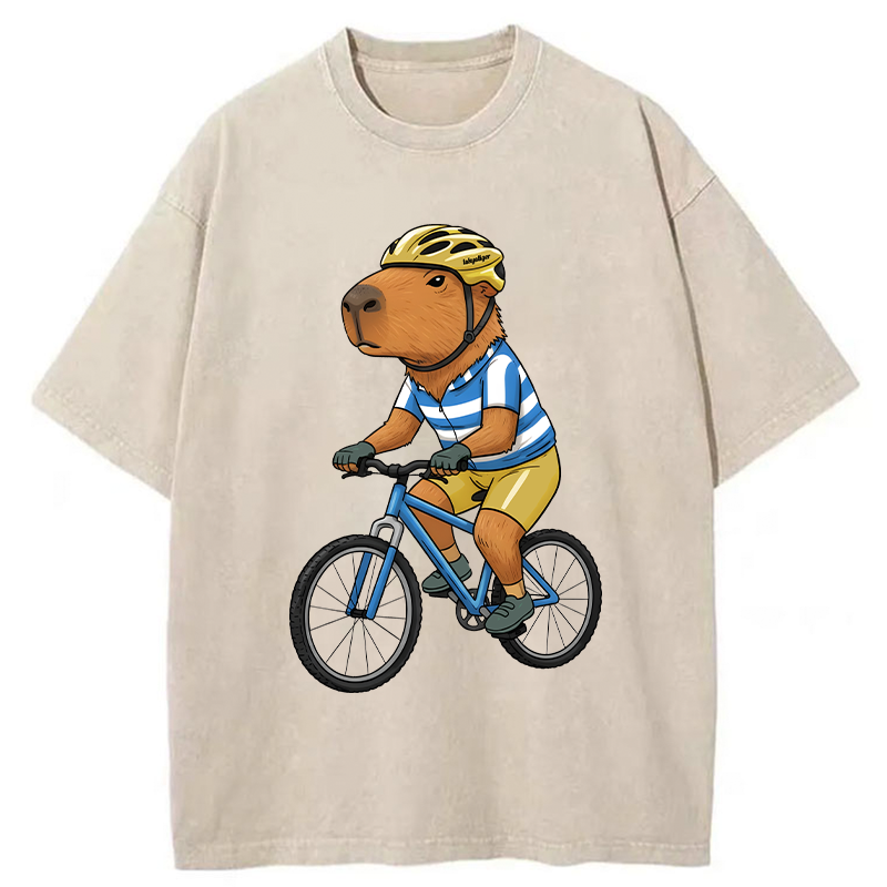 Tokyo-Tiger Capybara Riding A Bicycle Washed T-Shirt