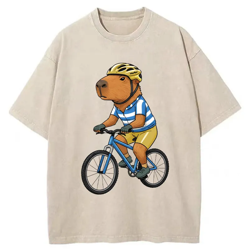 Tokyo-Tiger Capybara Riding A Bicycle Washed T-Shirt