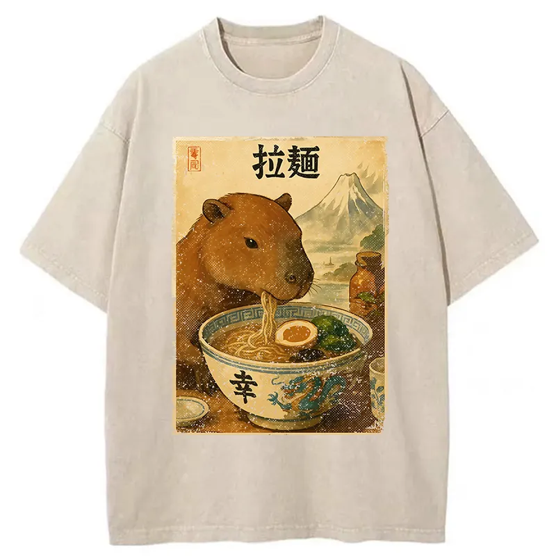 Tokyo-Tiger Capybara Eating Japan Ramen Washed T-Shirt