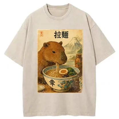Tokyo-Tiger Capybara Eating Japan Ramen Washed T-Shirt