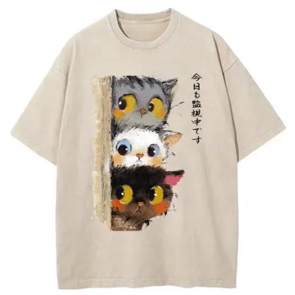 Tokyo-Tiger Three Cats Secretly Monitor Their Owner Washed T-Shirt