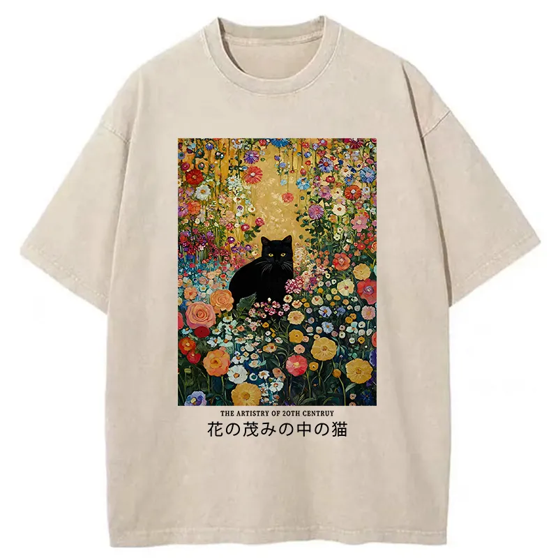 Tokyo-Tiger Black Cat In The Flower Bushes Washed T-Shirt