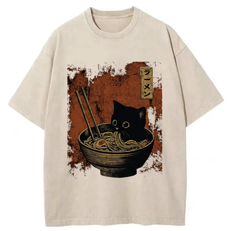Tokyo-Tiger Retro Cat Eating Japan Ramen Washed T-Shirt Sale