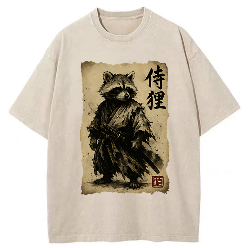Tokyo-Tiger Retro Raccoon Samurai Washed T-Shirt