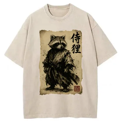 Tokyo-Tiger Retro Raccoon Samurai Washed T-Shirt