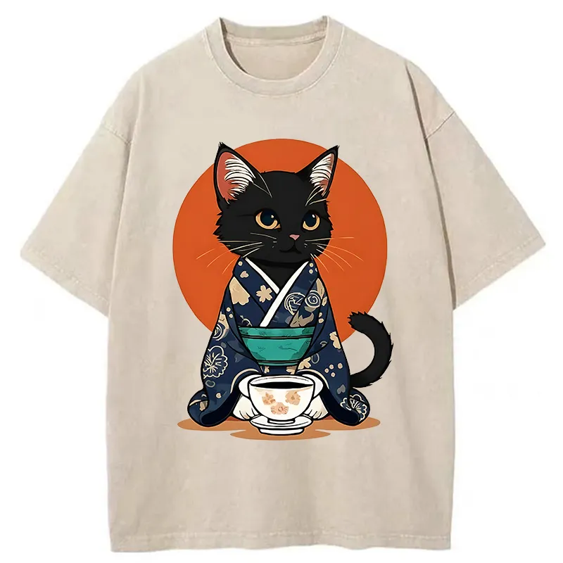 Tokyo-Tiger A Black Cat Wearing A Kimono Washed T-Shirt