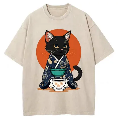 Tokyo-Tiger A Black Cat Wearing A Kimono Washed T-Shirt