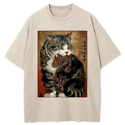 Tokyo-Tiger Gorgeous Cat Eats Fish Washed T-Shirt