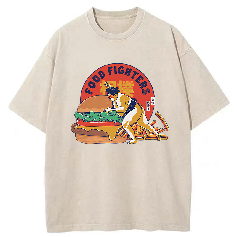 Tokyo-Tiger Sumo Wrestler Pushing Burger Washed T-Shirt