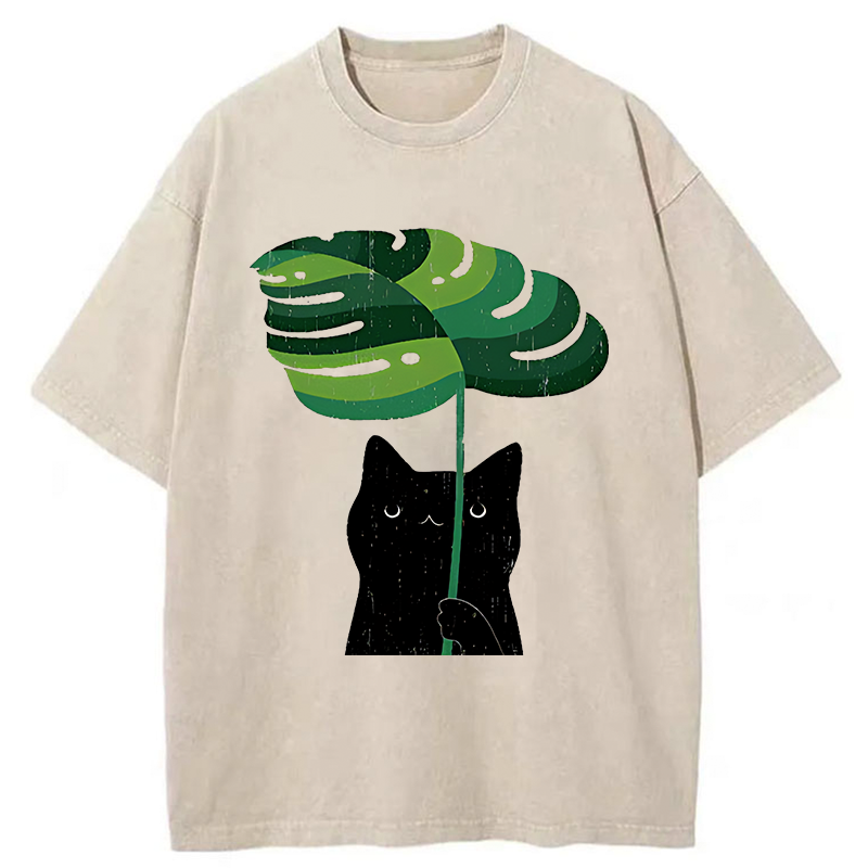 Tokyo-Tiger Monstera Deliciosa And Cat Washed T-Shirt