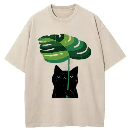 Tokyo-Tiger Monstera Deliciosa And Cat Washed T-Shirt