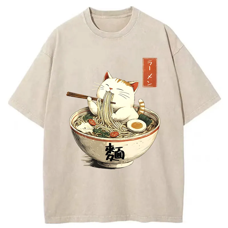 Tokyo-Tiger White Cat Eating Ramen Washed T-Shirt
