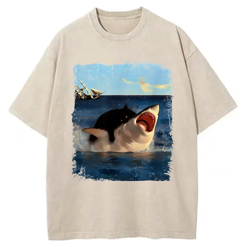 Tokyo-Tiger Cat Bites Shark Washed T-Shirt