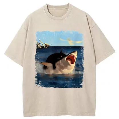 Tokyo-Tiger Cat Bites Shark Washed T-Shirt