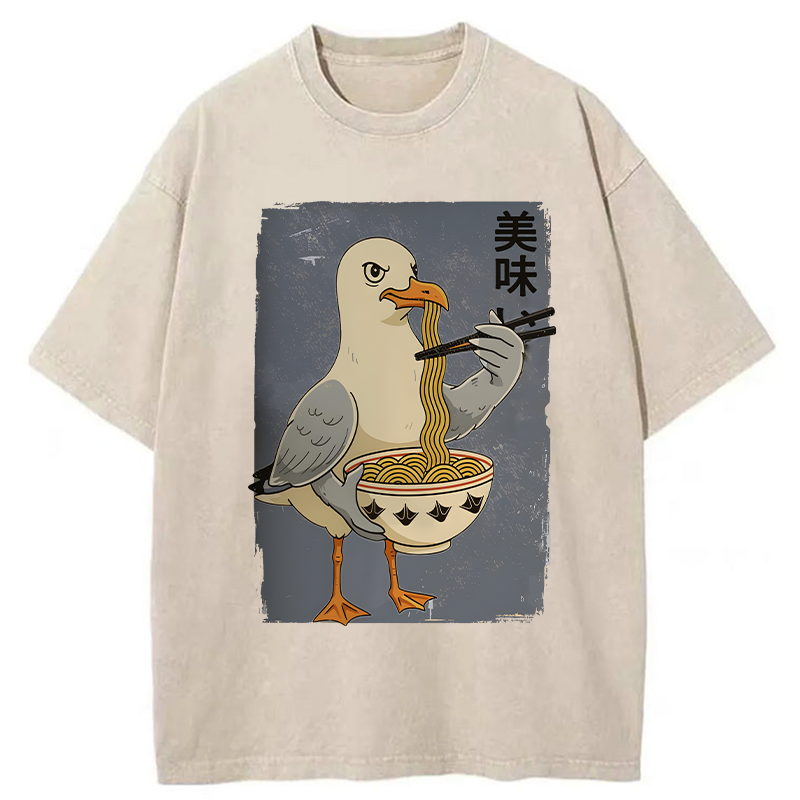 Tokyo-Tiger Pigeons Eating Ramen Washed T-Shirt