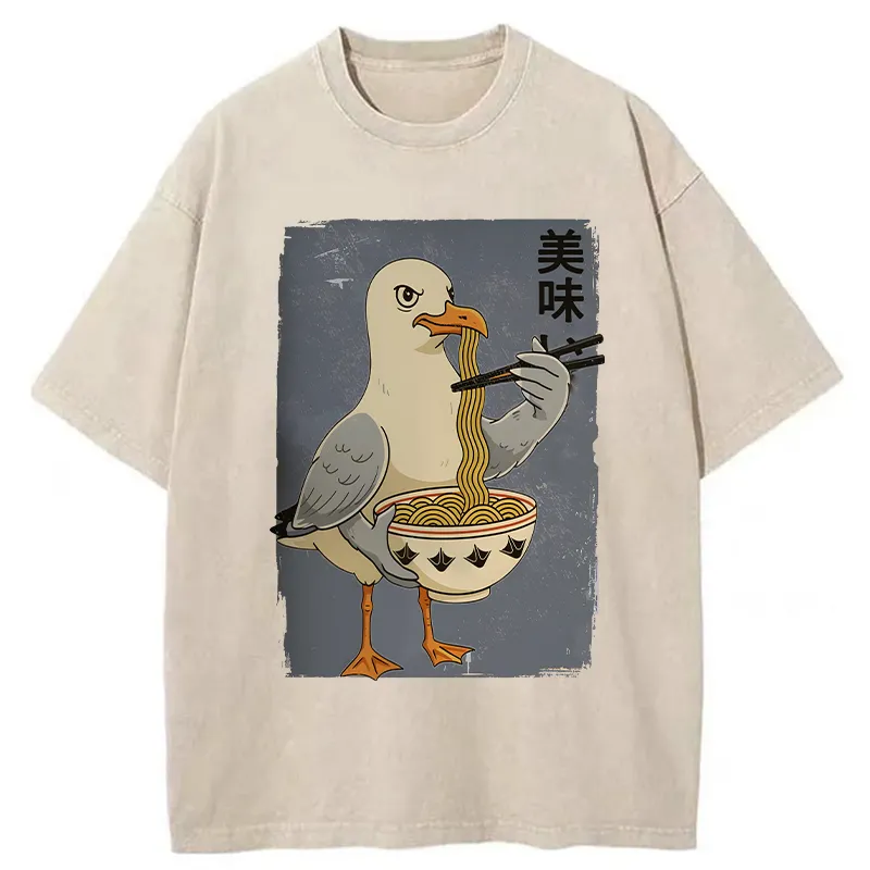 Tokyo-Tiger Pigeons Eating Ramen Washed T-Shirt