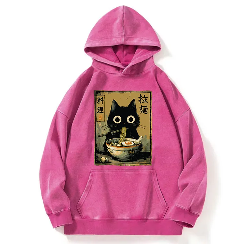 Tokyo-Tiger Cute Black Cat Eating Ramen Japan Washed Hoodie