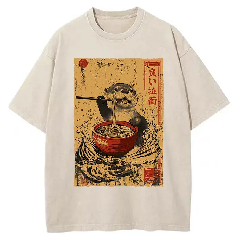 Tokyo-Tiger Otter Eating Ramen Japanese Washed T-Shirt