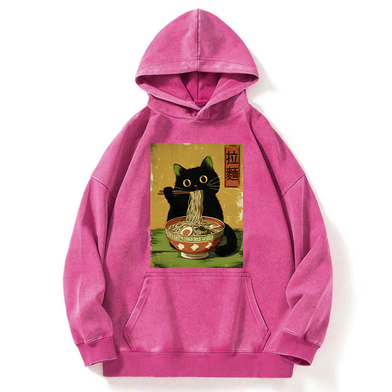 Tokyo-Tiger Vintage Japanese Cat Eating Ramen Washed Hoodie