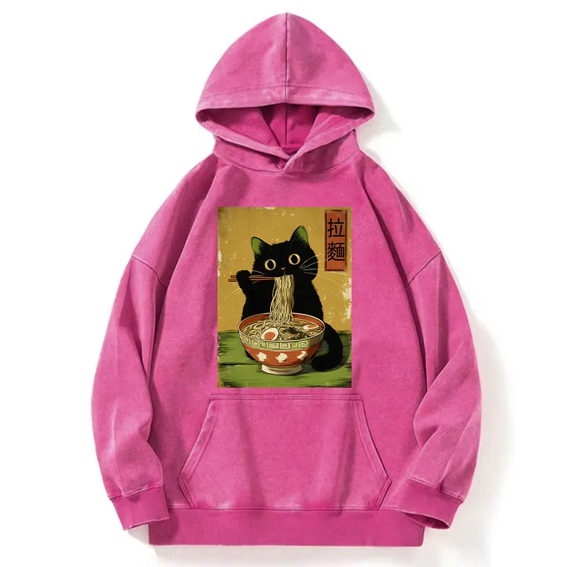 Tokyo-Tiger Vintage Japanese Cat Eating Ramen Washed Hoodie