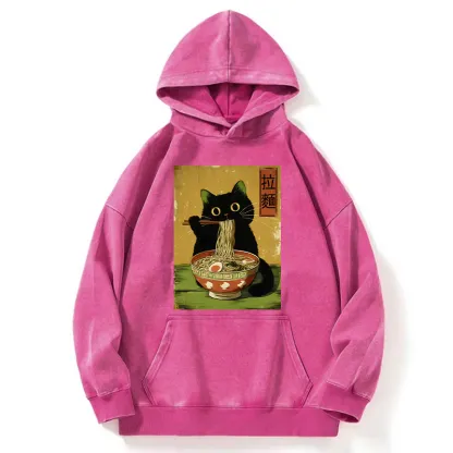 Tokyo-Tiger Vintage Japanese Cat Eating Ramen Washed Hoodie