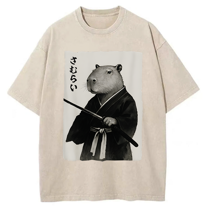 Tokyo-Tiger Capybara Japanese Samurai Washed T-Shirt