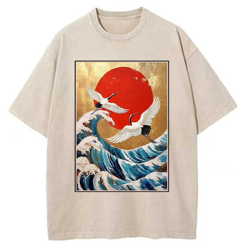 Tokyo-Tiger Cranes And Waves Ukiyo-e Washed T-Shirt