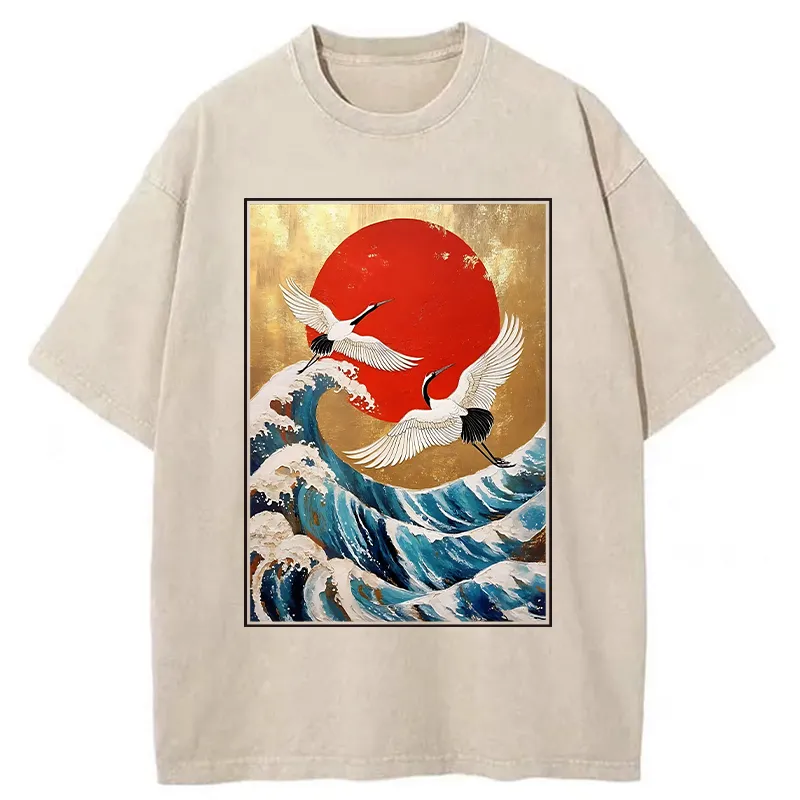 Tokyo-Tiger Cranes And Waves Ukiyo-e Washed T-Shirt