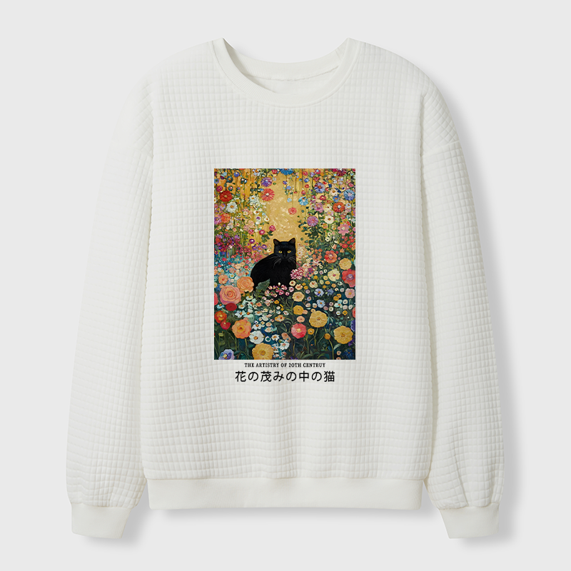 Tokyo-Tiger Black Cat In The Flower Bushes Waffle Sweatshirt