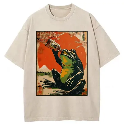 Tokyo-Tiger Frog Drinking Beer Washed T-Shirt