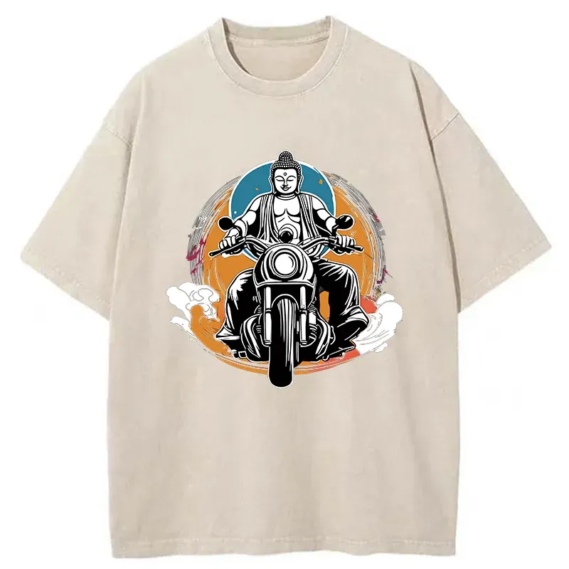 Tokyo-Tiger Buddha Riding A Motorcycle Washed T-Shirt