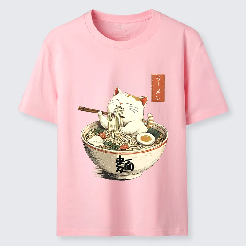 Tokyo-Tiger White Cat Eating Ramen Japan Classic T-Shirt