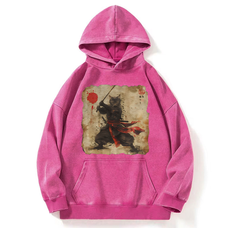 Tokyo-Tiger Retro Japanese Samurai Cat Washed Hoodie