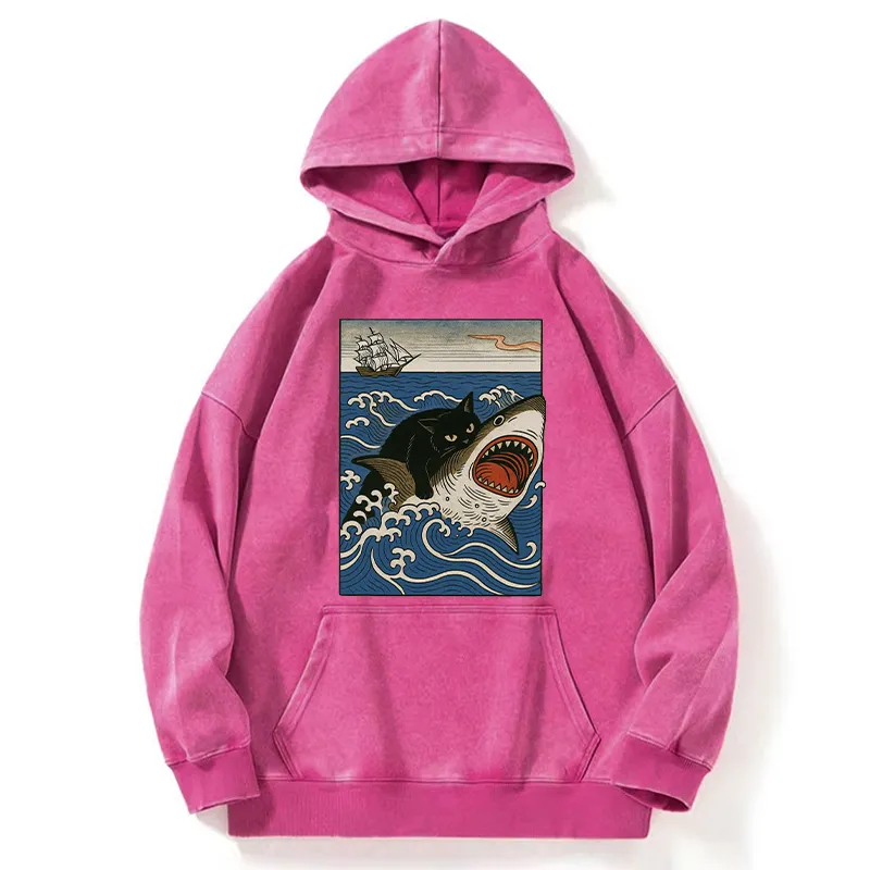 Tokyo-Tiger Cat Hunting Shark Washed Hoodie