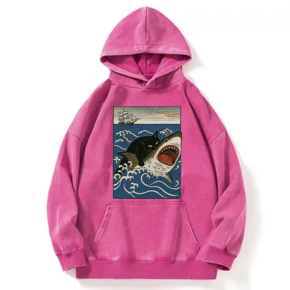 Tokyo-Tiger Cat Hunting Shark Washed Hoodie