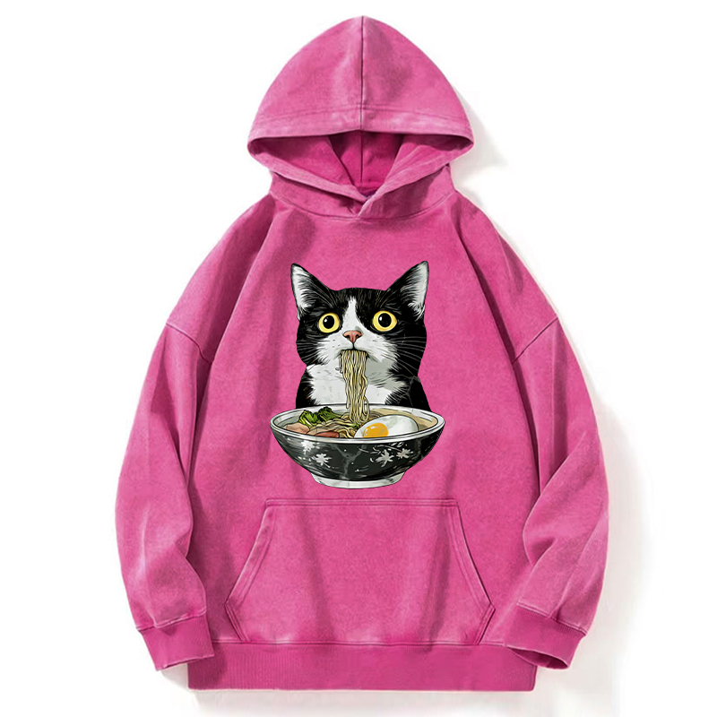 Tokyo-Tiger Cute Cat Eating Japan Ramen Washed Hoodie